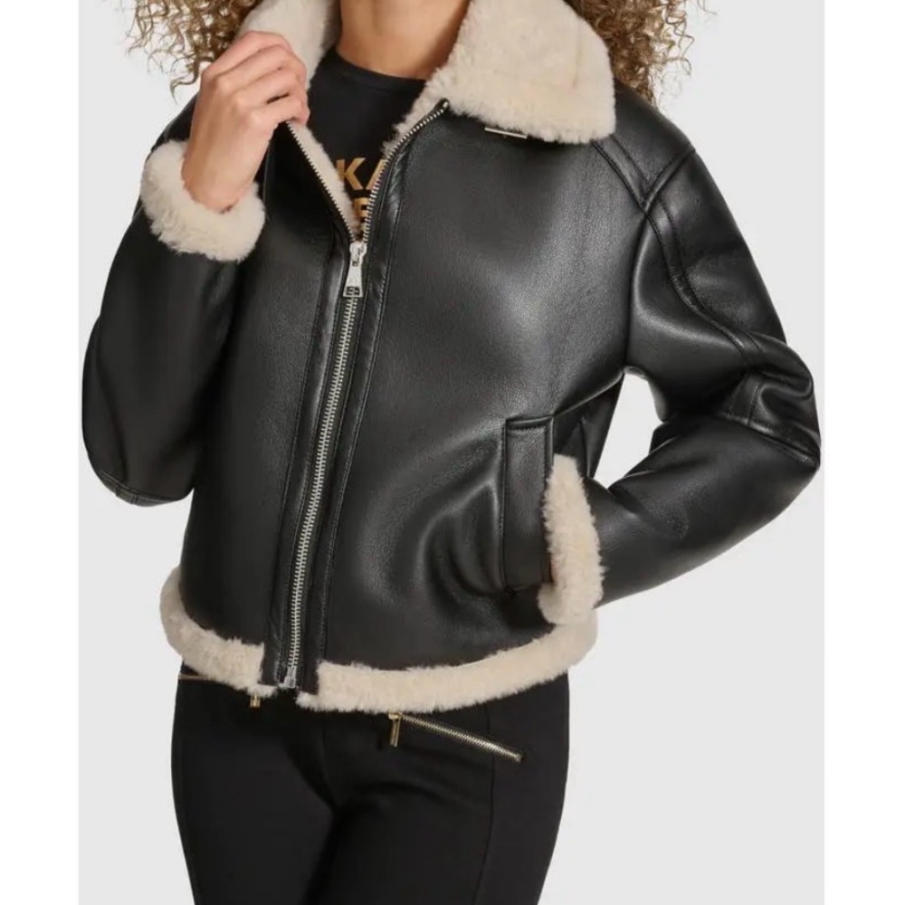 Karl Lagerfeld Black faux Leather Jacket with Cream Accents